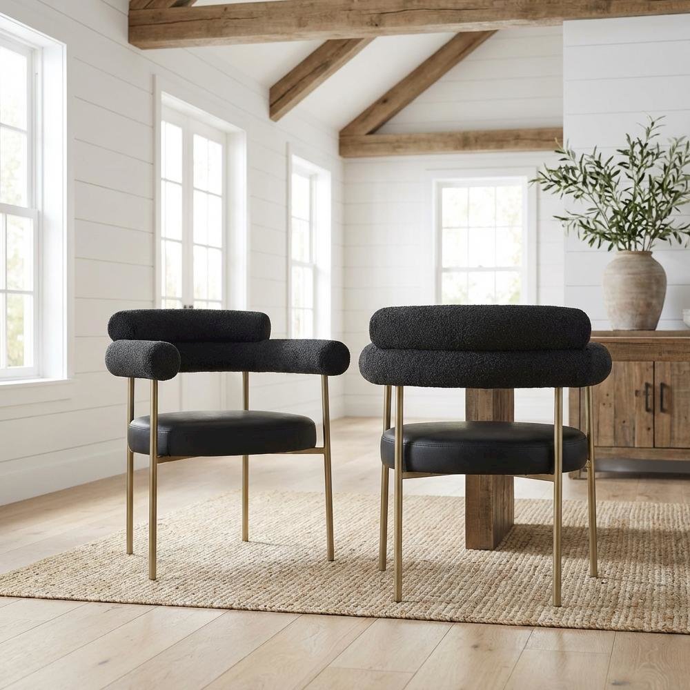 Brushed Brass Dining Chairs Set of 2 with Vegan Leather and Boucle Fabric