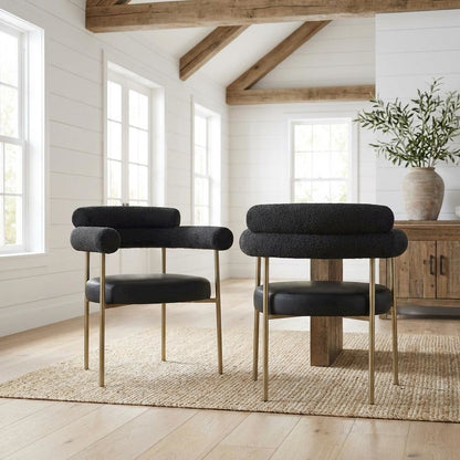 Brushed Brass Dining Chairs Set of 2 with Vegan Leather and Boucle Fabric