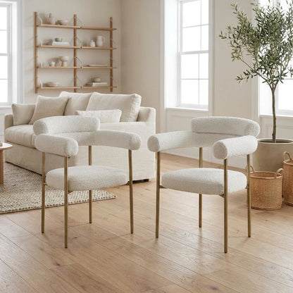 Brushed Brass 2-Piece Dining Chair Set with Cream Boucle Upholstery and Armrests