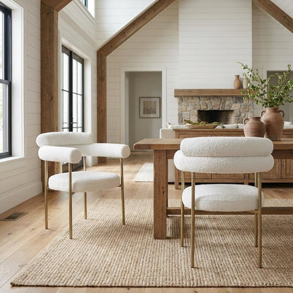 Brushed Brass 2-Piece Dining Chair Set with Cream Boucle Upholstery and Armrests
