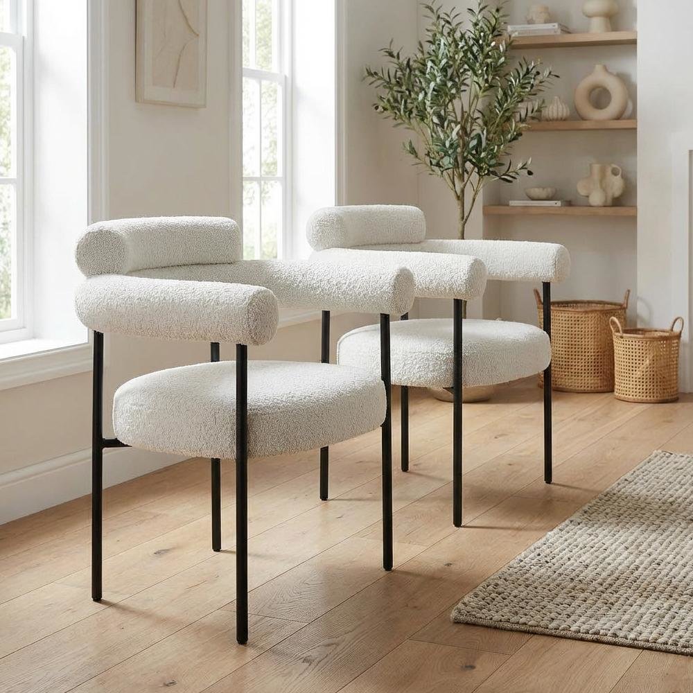 Matte Black Boucle Fabric Dining Chairs Set of 2 with Arms Contemporary Design