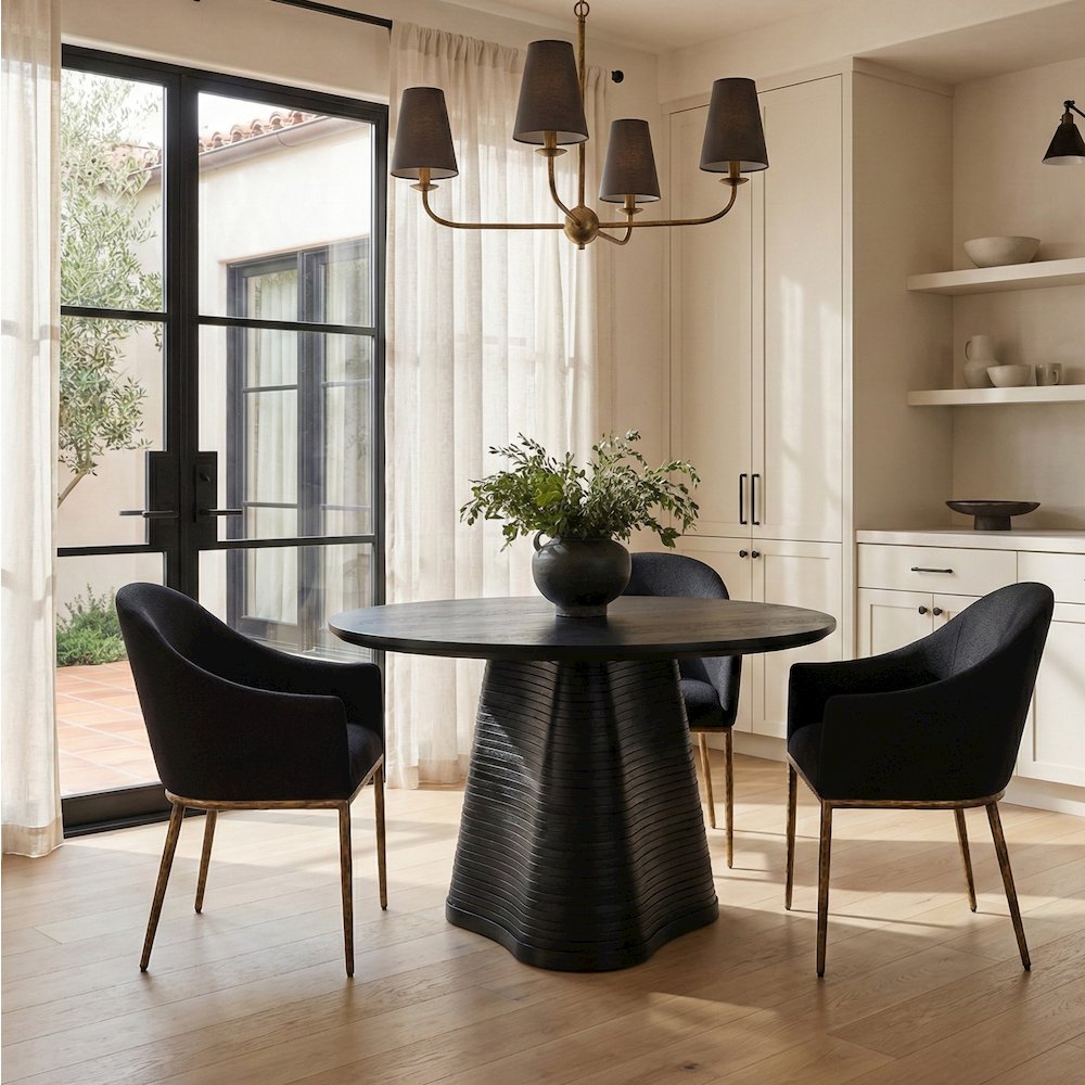 Ferro Black Linen Textured Performance Fabric Upholstered Dining Arm Chair