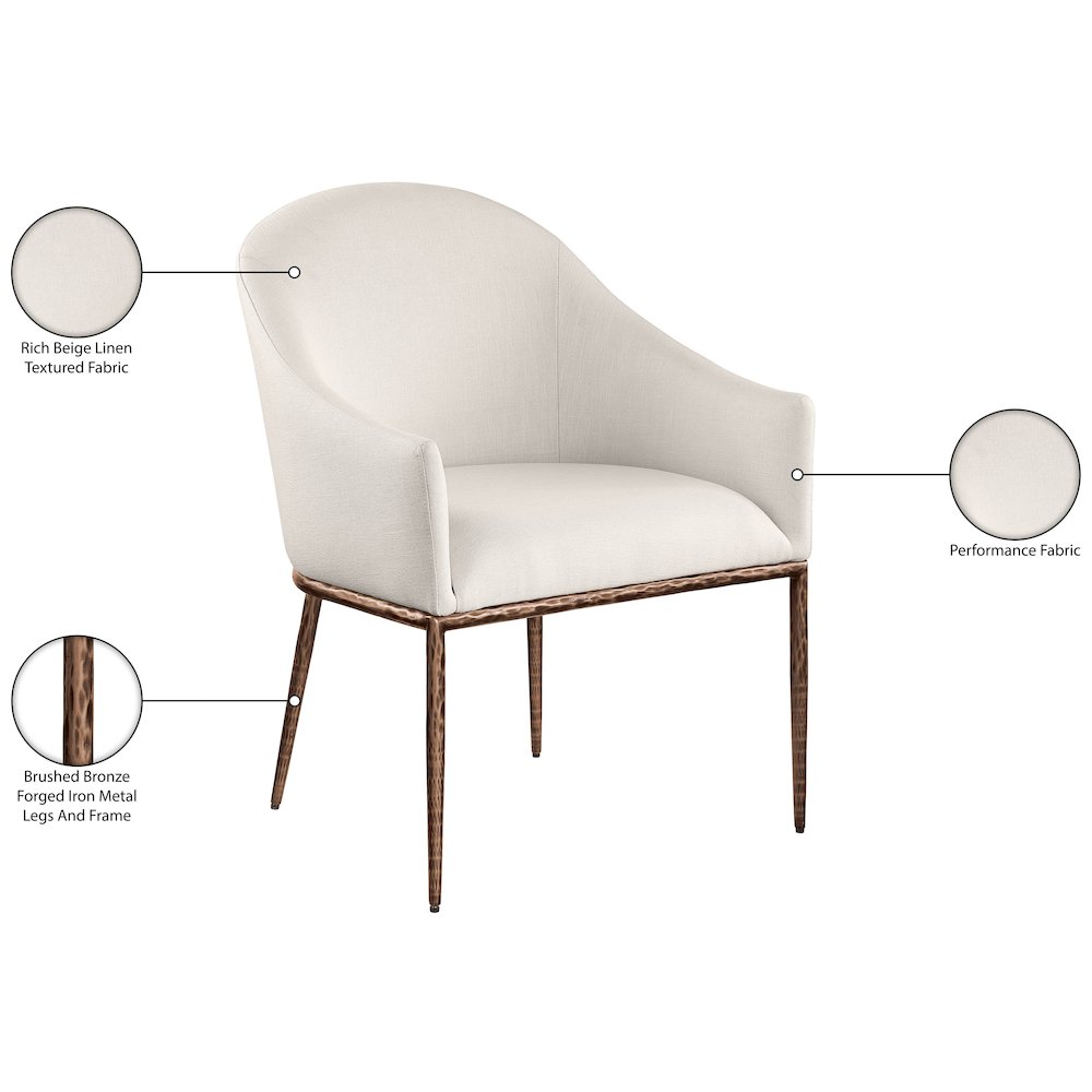 Ferro Beige Linen Textured Performance Fabric Upholstered Dining Arm Chair