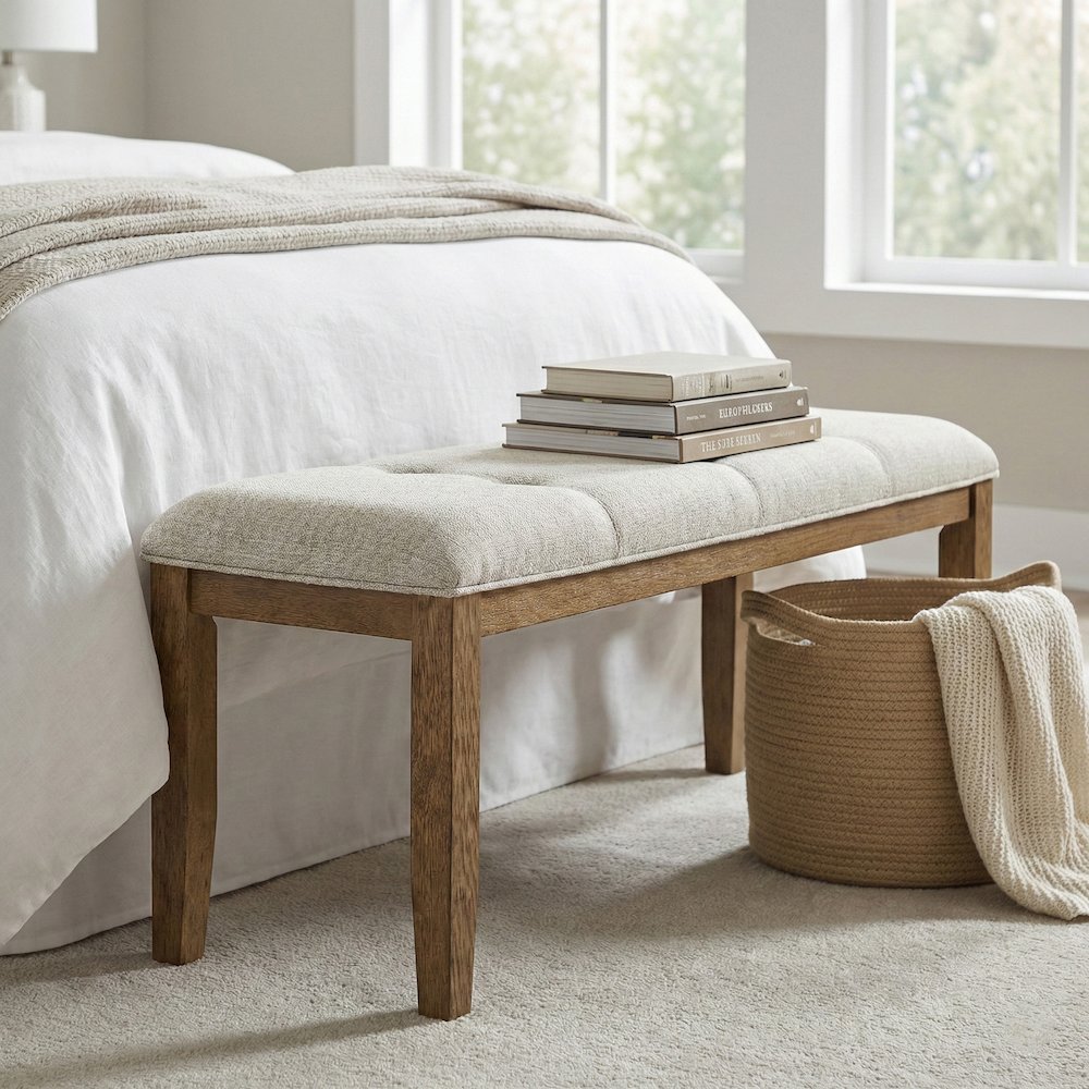 Ananda Beige Fabric Upholstered Bench