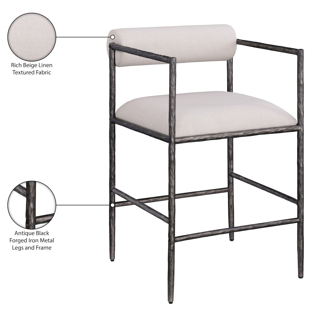 Axis Beige Linen Textured Fabric Upholstered Counter Stool, Set of 2