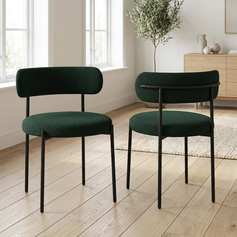 Matte Black Boucle Fabric Dining Chairs Set of 2 with Contemporary Design