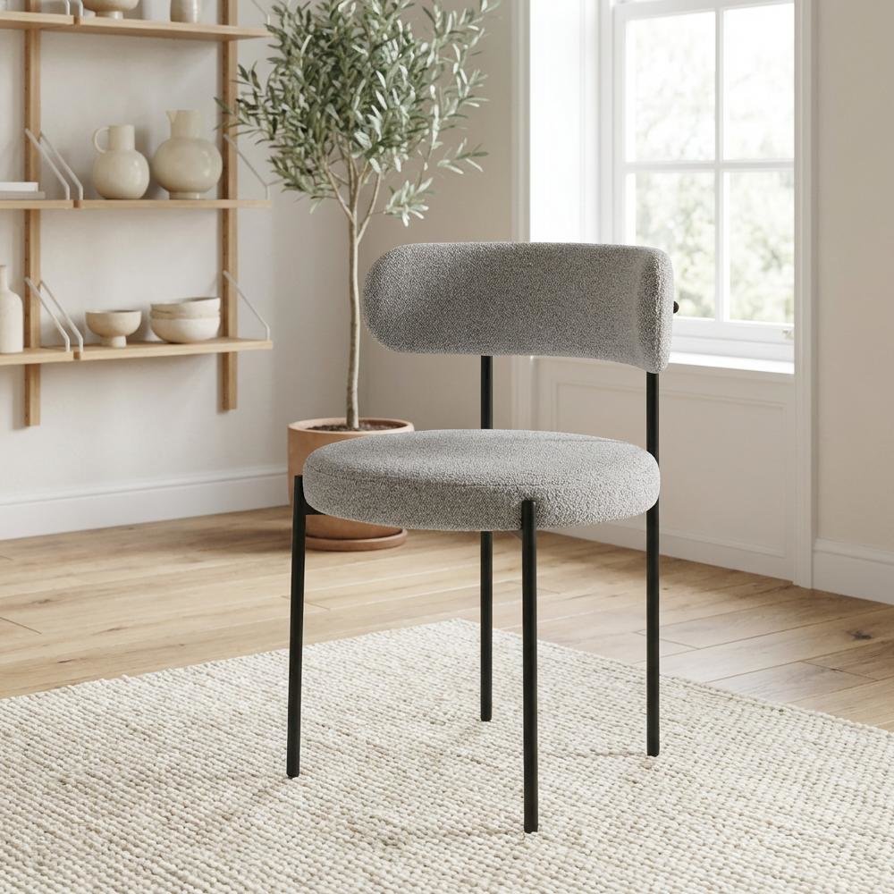 Matte Black Dining Chair Set of 2 with Boucle Fabric and Contemporary Backrest