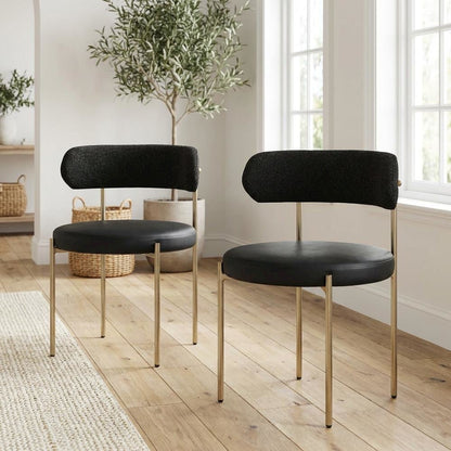 Brushed Brass Vegan Leather Dining Chair Set of 2 with Boucle Fabric