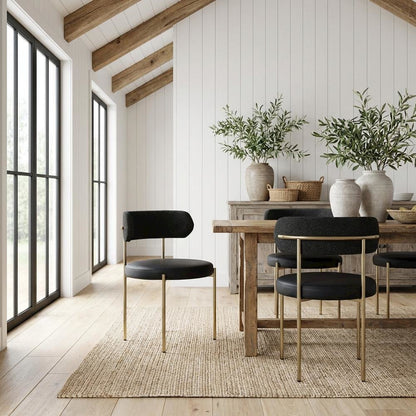 Brushed Brass Vegan Leather Dining Chair Set of 2 with Boucle Fabric