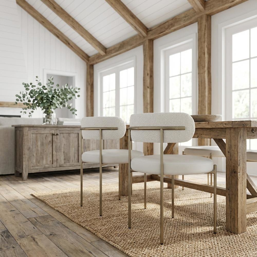 Brushed Brass Vegan Leather and Boucle Dining Chairs Set of 2