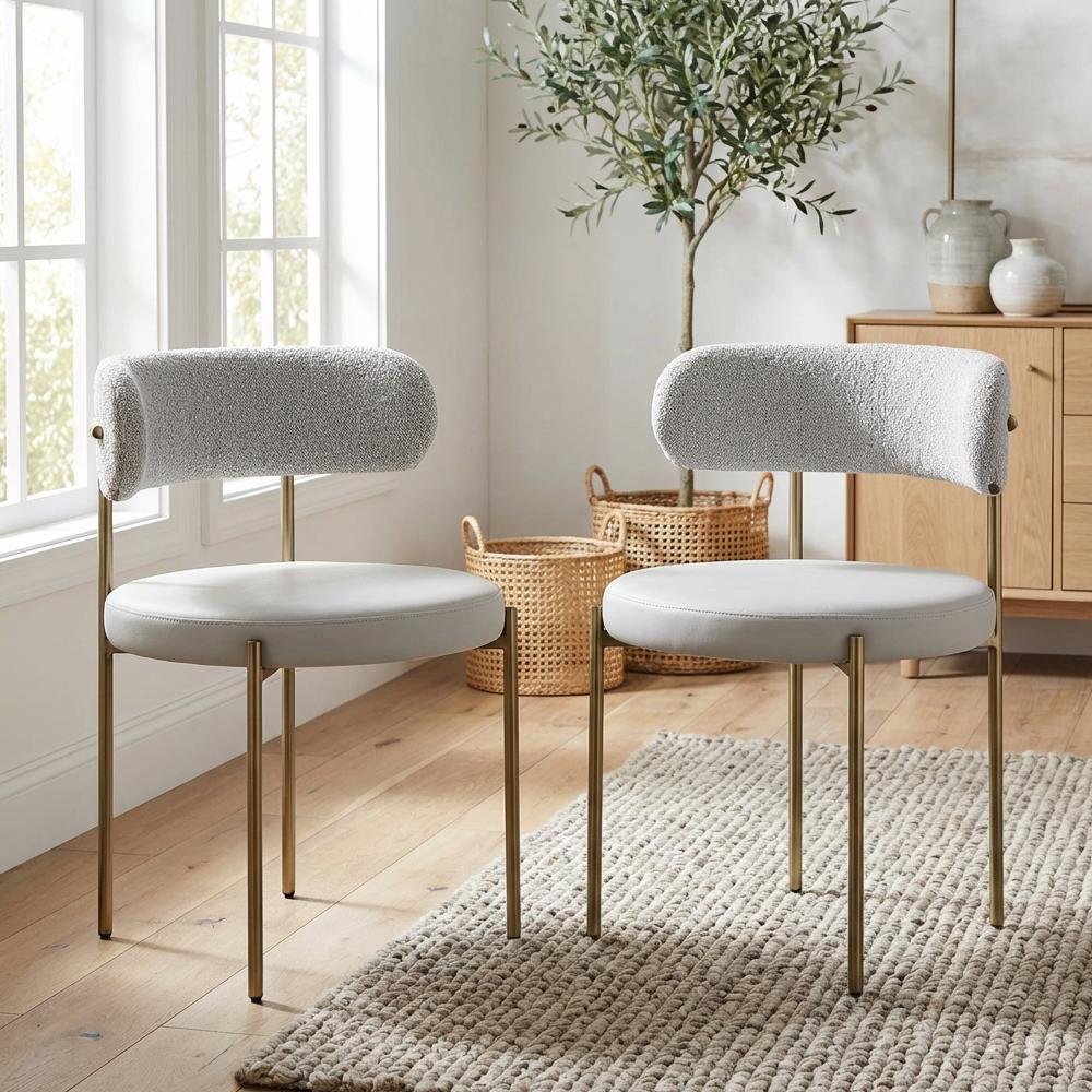 Brushed Brass Vegan Leather and Boucle Dining Chairs Set of 2