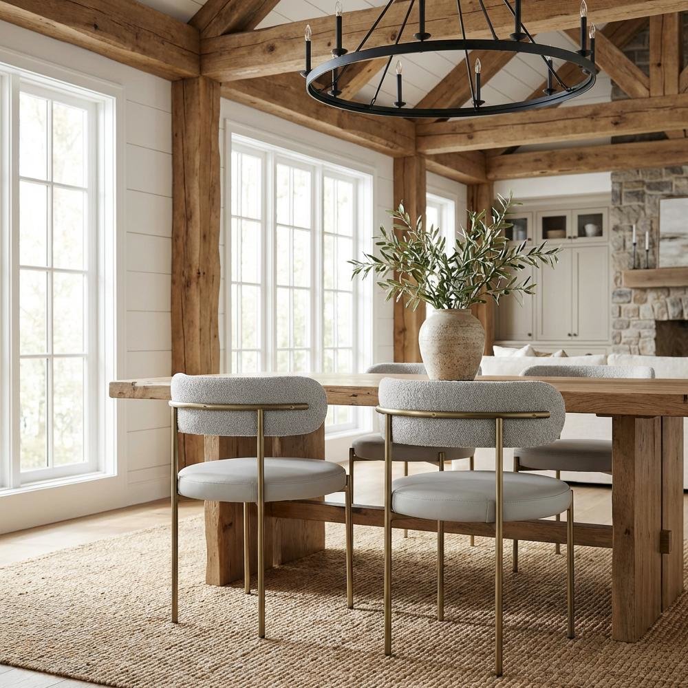 Brushed Brass Vegan Leather and Boucle Dining Chairs Set of 2