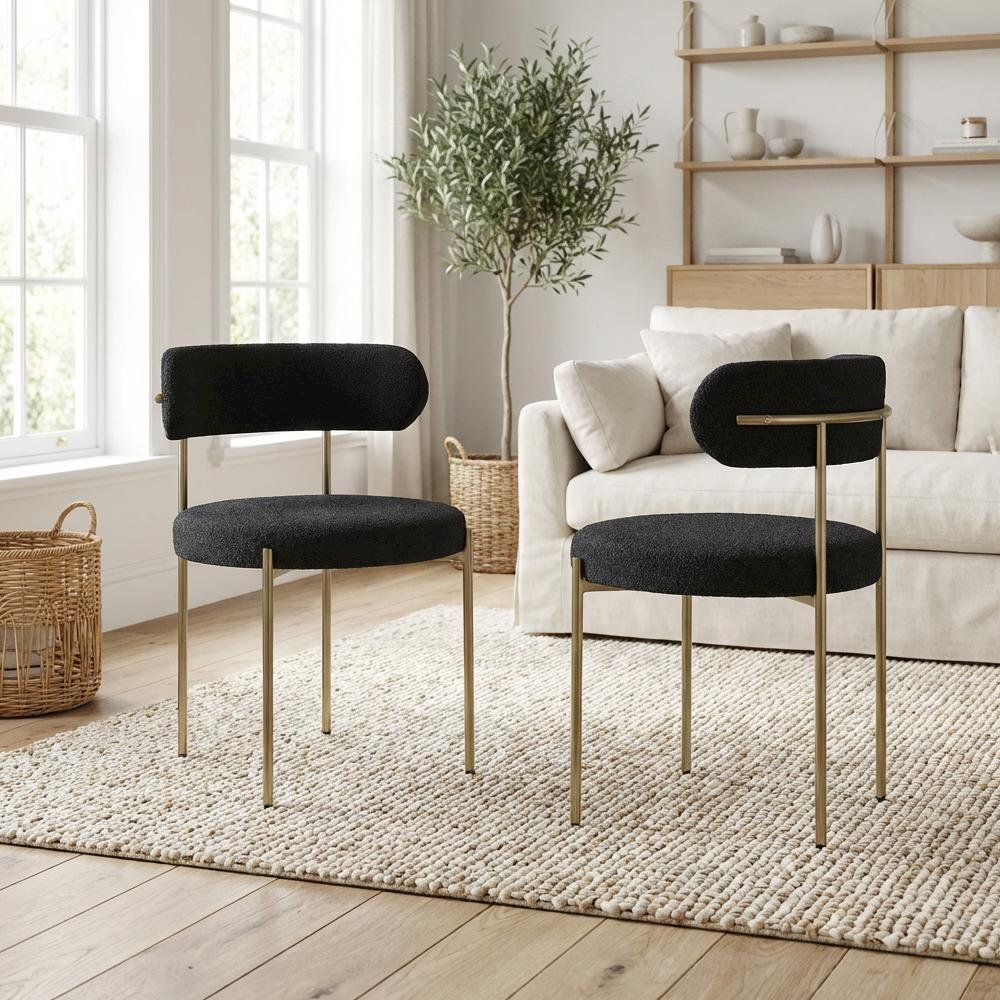 Brushed Brass Dining Chair Set of 2 with Boucle Fabric and Contemporary Design