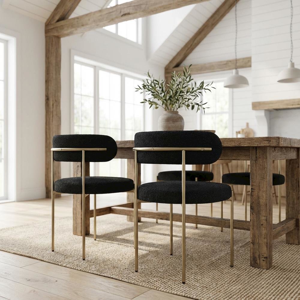 Brushed Brass Dining Chair Set of 2 with Boucle Fabric and Contemporary Design