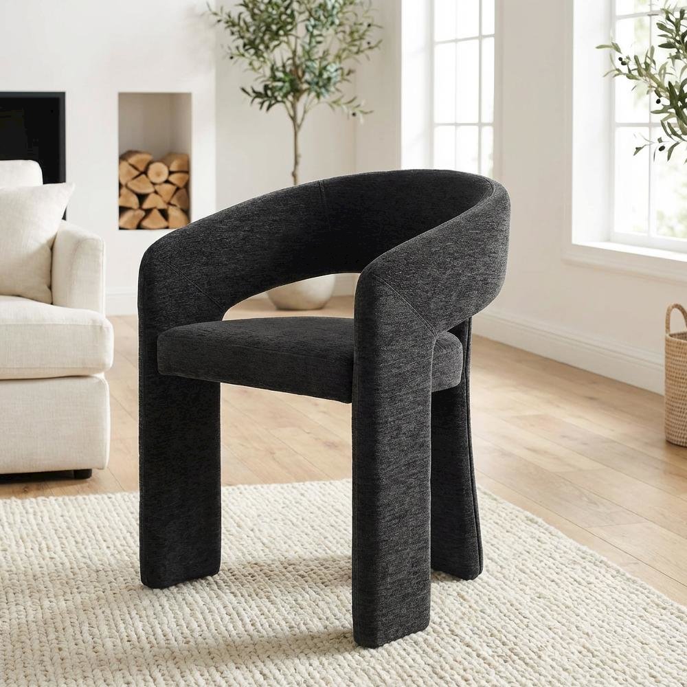 Black Plush Fabric Dining Chair with Armrests and Cushioned Seat Set of 2