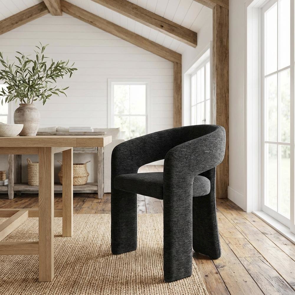 Black Plush Fabric Dining Chair with Armrests and Cushioned Seat Set of 2