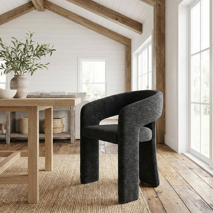 Black Plush Fabric Dining Chair with Armrests and Cushioned Seat Set of 2