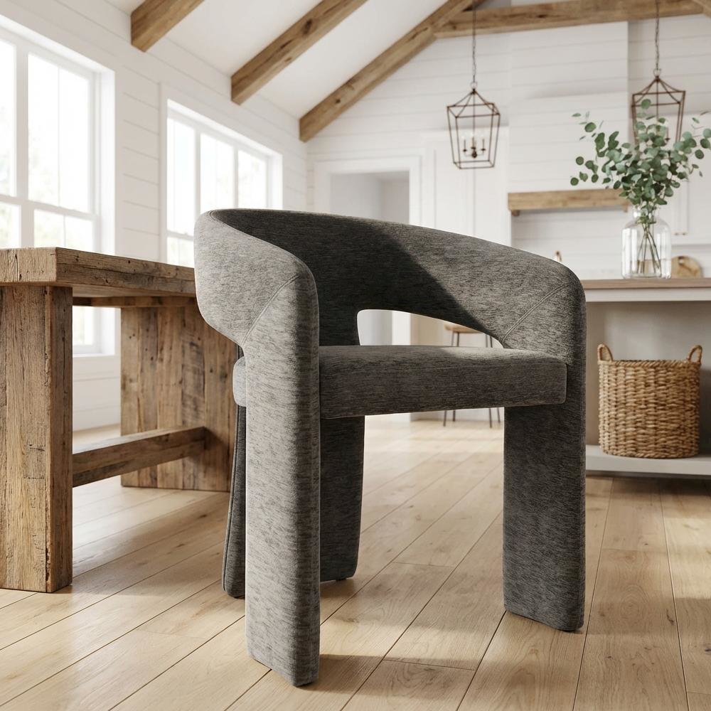 Gray Plush Fabric Dining Chair with Arm Support and Contemporary Design Set of 2