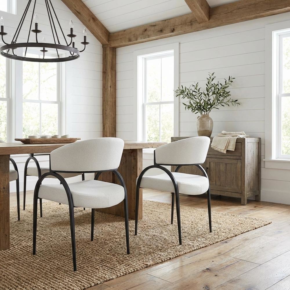 Matte Black Dining Chair Set of 2 with Linen Textured Fabric and Armrests