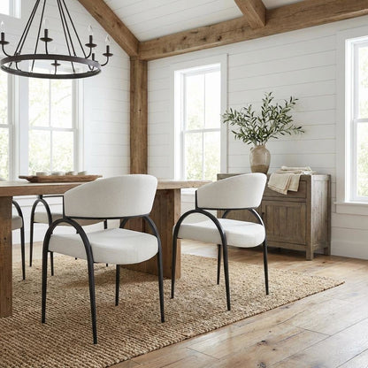Matte Black Dining Chair Set of 2 with Linen Textured Fabric and Armrests