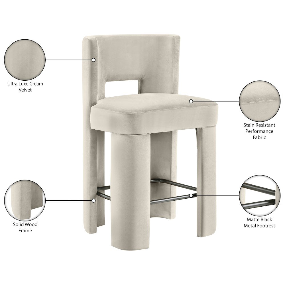 Zuno Cream Velvet Performance Fabric Upholstered Counter Stool