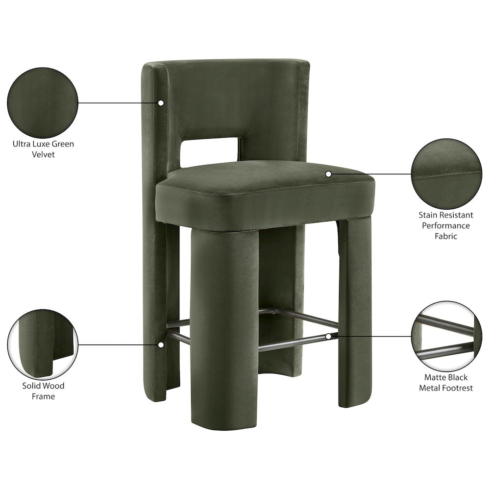 Zuno Green Velvet Performance Fabric Upholstered Counter Stool