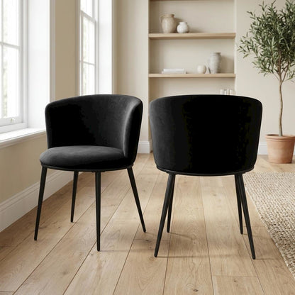 Matte Black Velvet Dining Chairs Set of 2 with Contemporary Back Height