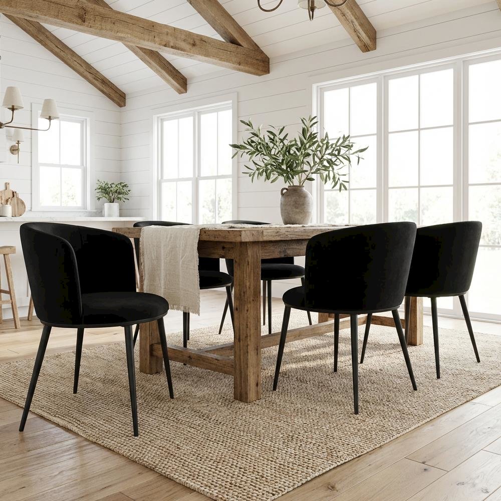 Matte Black Velvet Dining Chairs Set of 2 with Contemporary Back Height
