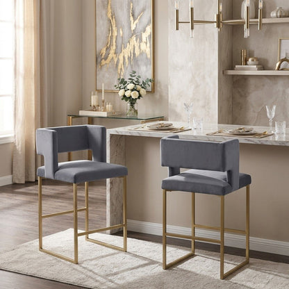 Velvet Upholstered Counter Height Bar Stools Set of 2, Grey Velvet