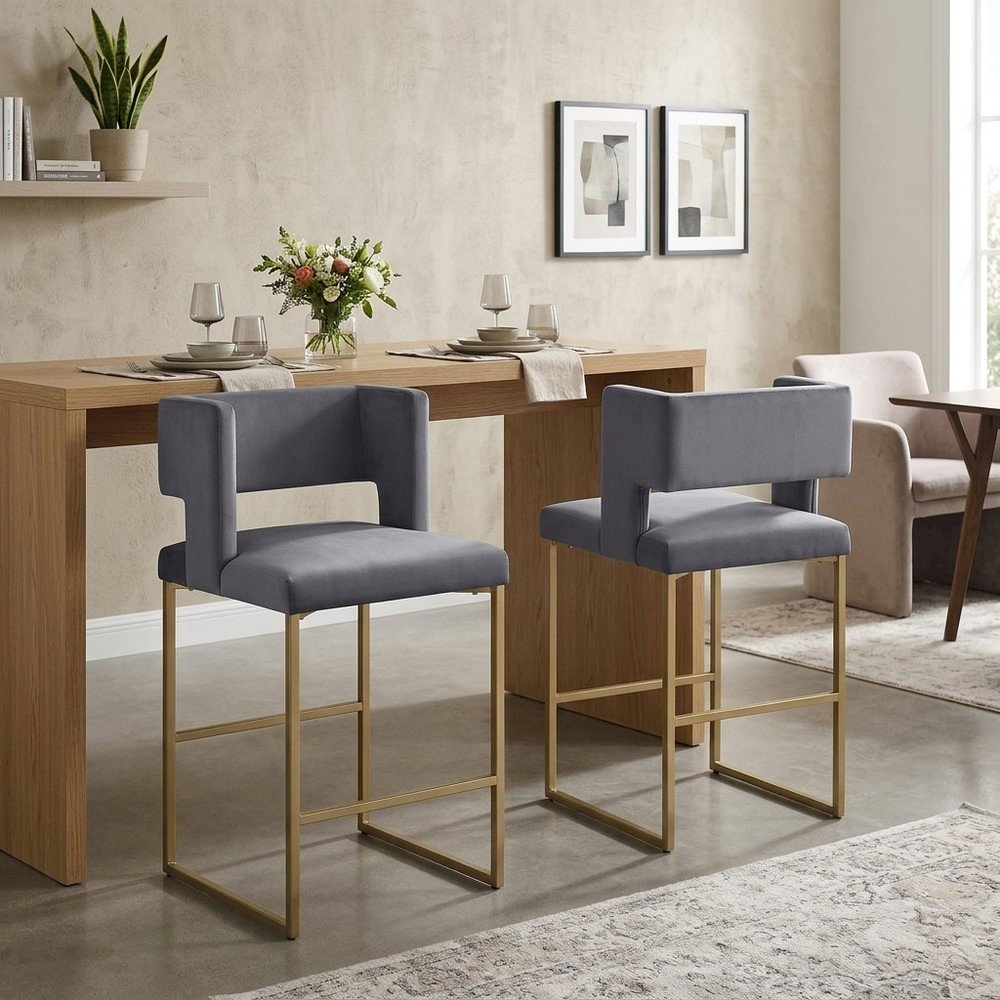 Velvet Upholstered Counter Height Bar Stools Set of 2, Grey Velvet