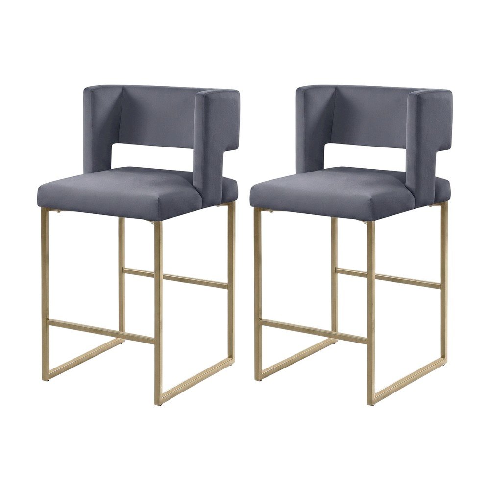 Velvet Upholstered Counter Height Bar Stools Set of 2, Grey Velvet