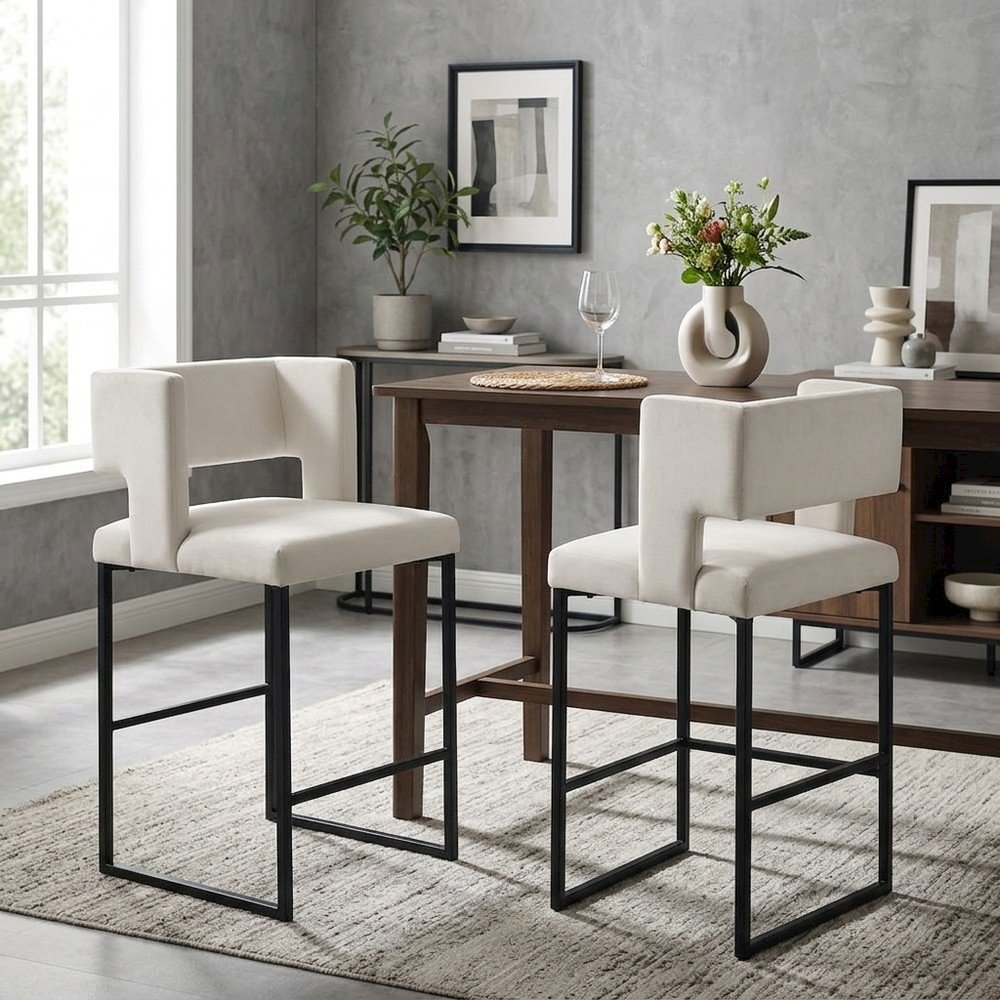 Velvet Upholstered Counter Height Bar Stools Set of 2, Cream Velvet