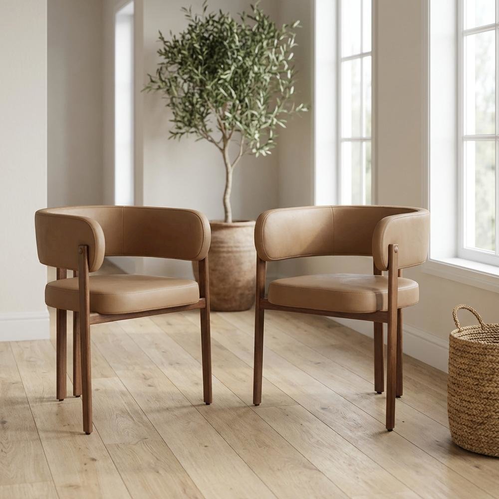 Walnut Vegan Leather Dining Chairs Set of 2 with Armrests Contemporary Design