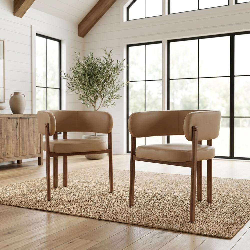 Walnut Vegan Leather Dining Chairs Set of 2 with Armrests Contemporary Design