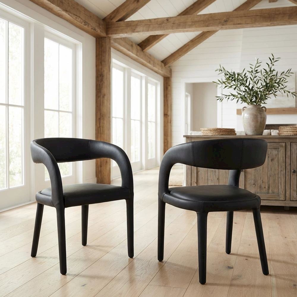 Black Vegan Leather Dining Chair Contemporary Style Comfortable Seat