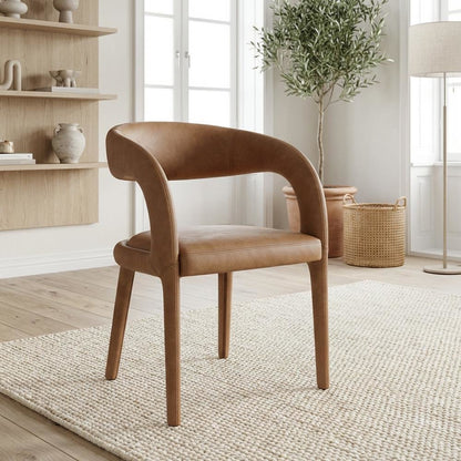 Brown Vegan Leather Dining Chair with Armrests and Cushioned Seat