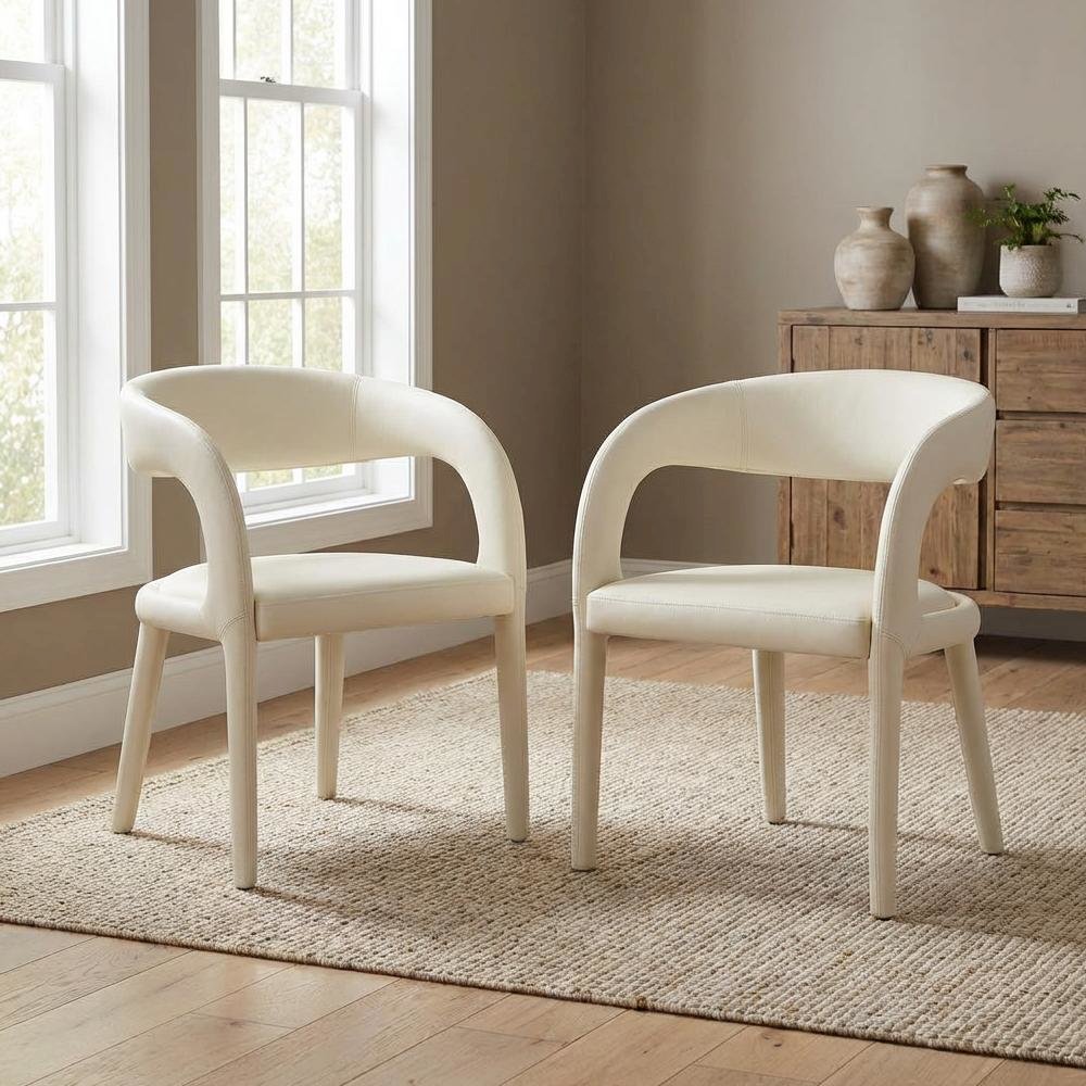Cream Vegan Leather Dining Chair Contemporary Armrest Seat Comfortable Support