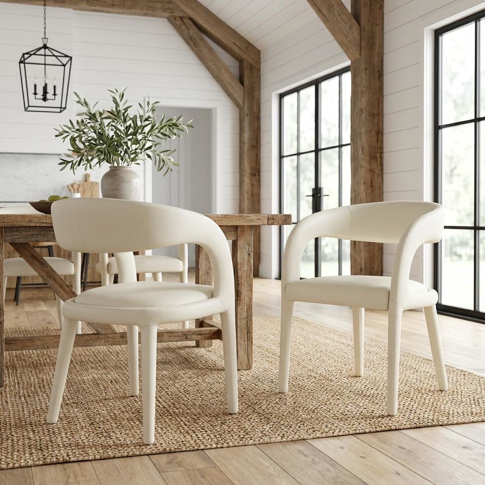 Cream Vegan Leather Dining Chair Contemporary Armrest Seat Comfortable Support