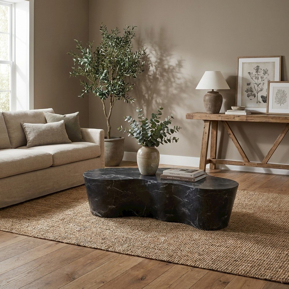 Black Marble Finish Concrete Coffee Table with Art Deco Style and Flat Legs