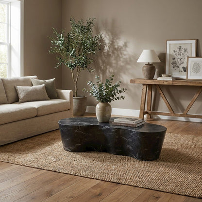 Black Marble Finish Concrete Coffee Table with Art Deco Style and Flat Legs