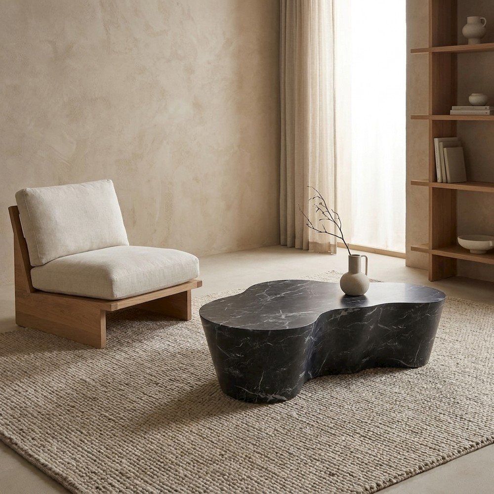 Black Marble Finish Concrete Coffee Table with Art Deco Style and Flat Legs