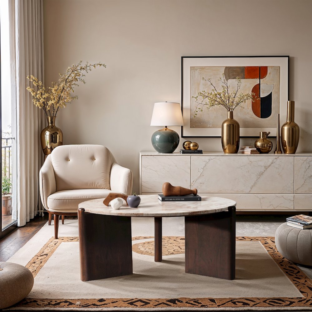 Varenna Cream Marble Top And Acacia Wood Base Coffee Table