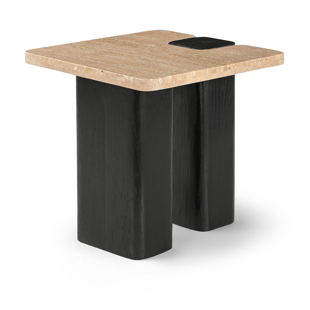 Ravenna Beige Genuine Travertine Top And Oak Wood Base End / Side Table