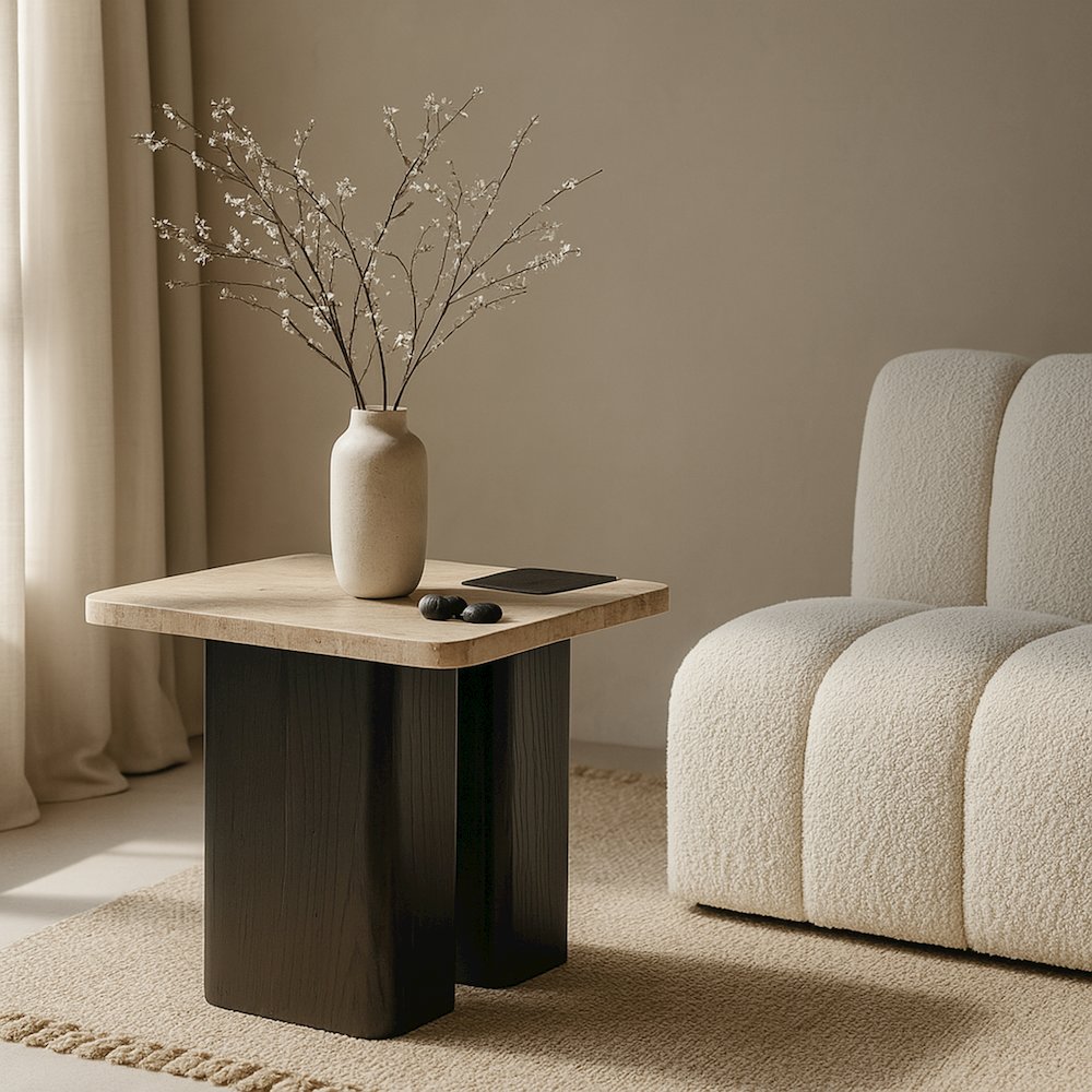 Ravenna Beige Genuine Travertine Top And Oak Wood Base End / Side Table