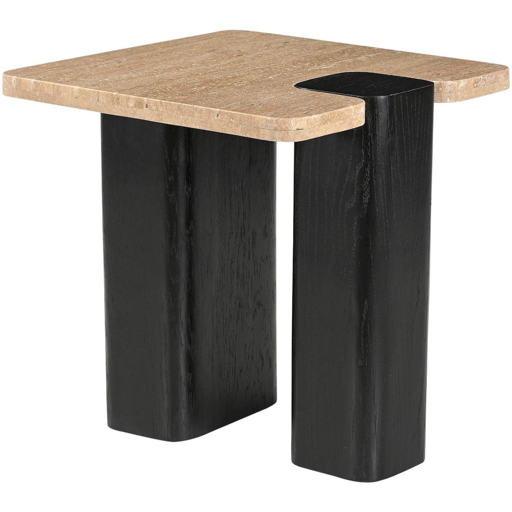 Ravenna Beige Genuine Travertine Top And Oak Wood Base End / Side Table