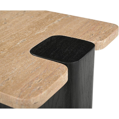 Ravenna Beige Genuine Travertine Top And Oak Wood Base End / Side Table