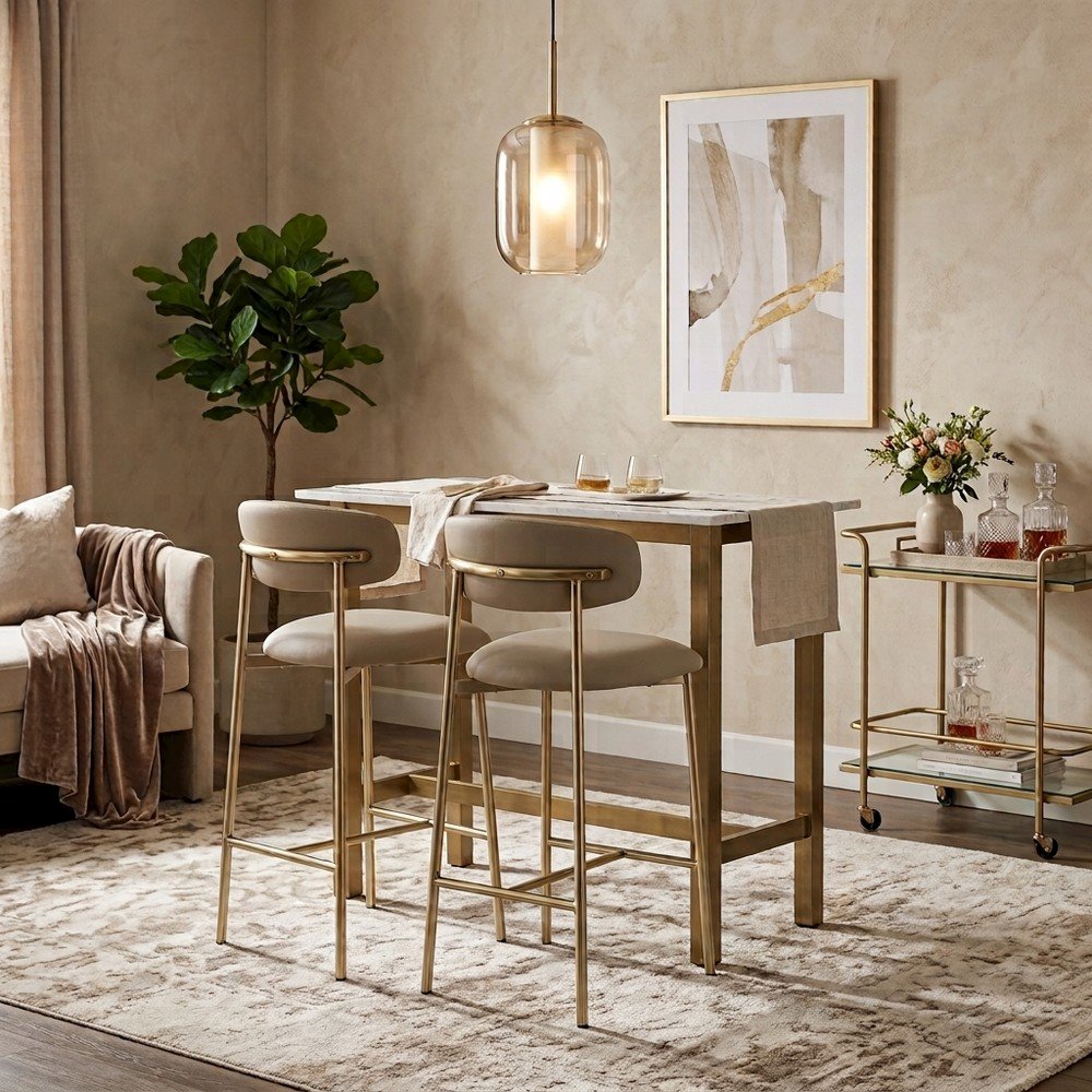 Modern Counter Height Bar Stools with Back, Set of 2, Taupe Vegan Leather