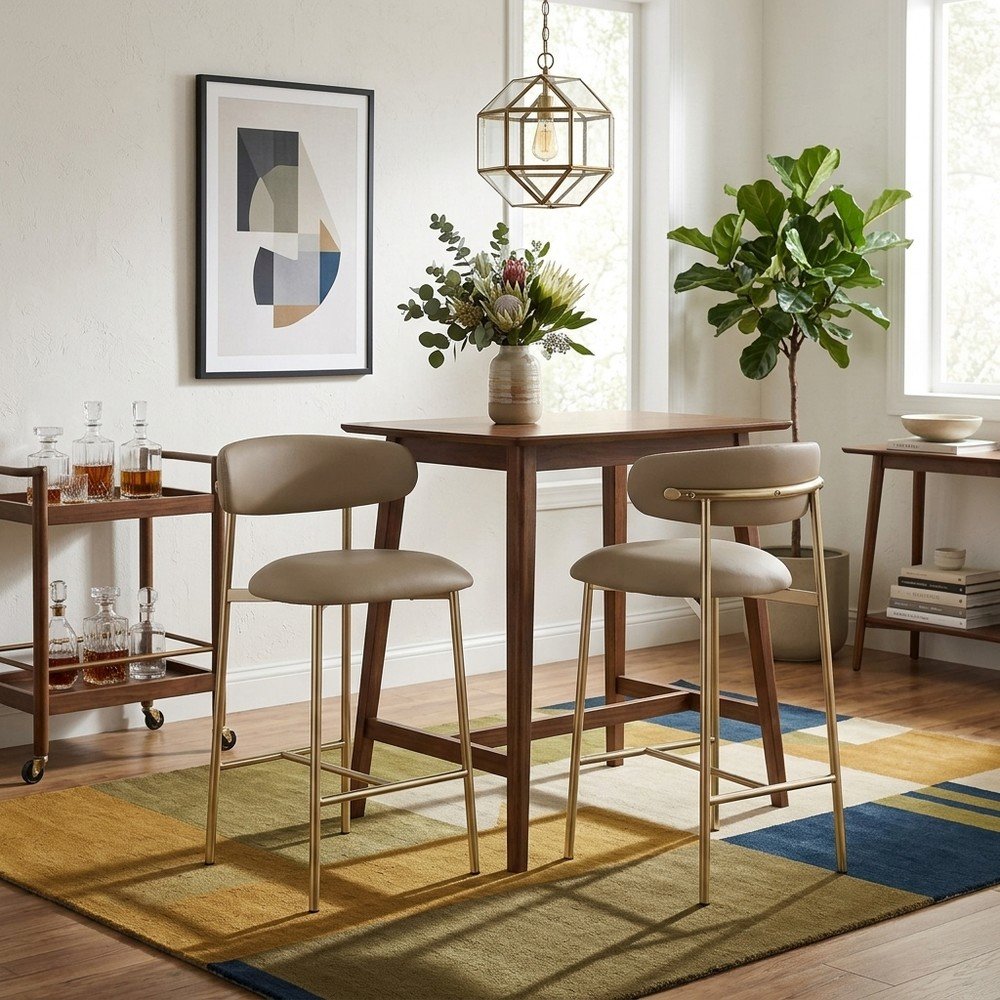 Modern Counter Height Bar Stools with Back, Set of 2, Taupe Vegan Leather