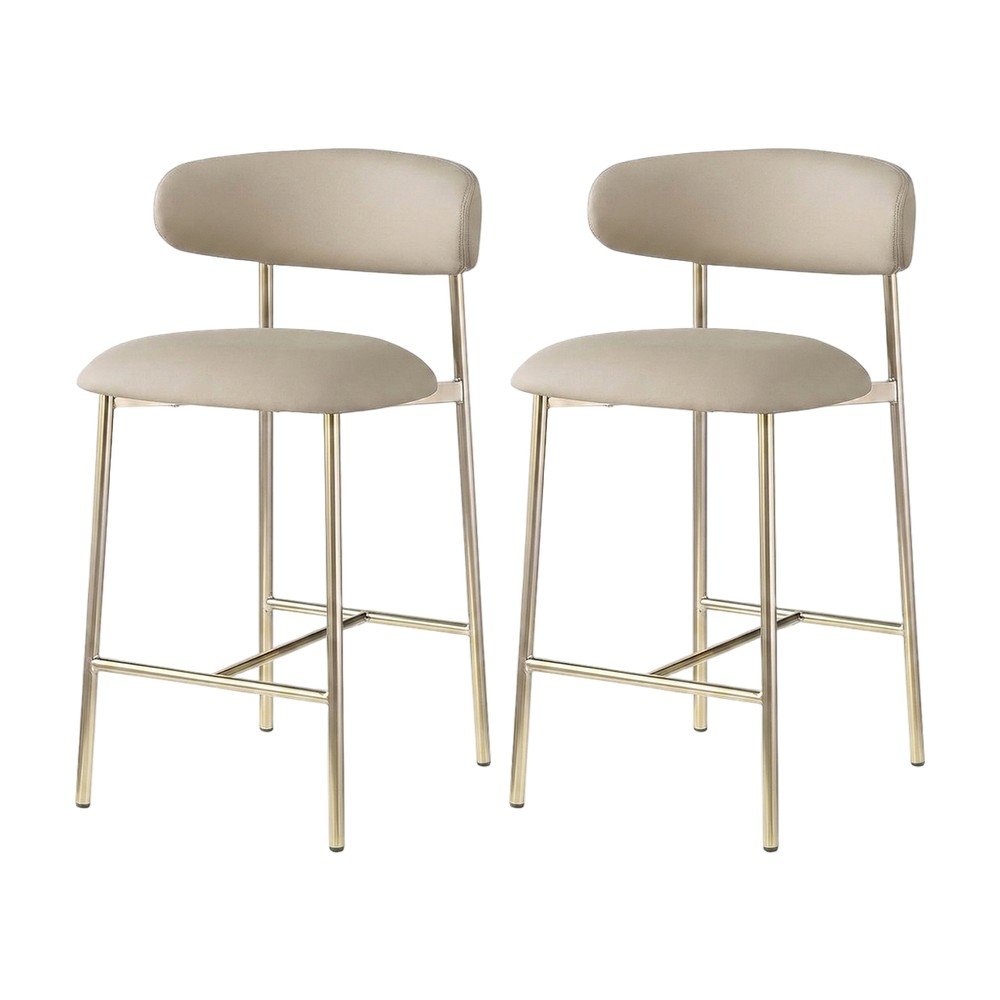 Modern Counter Height Bar Stools with Back, Set of 2, Taupe Vegan Leather