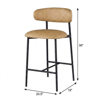 Modern Counter Height Bar Stools with Back, Set of 2, Tan Vegan Leather